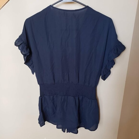 NWT Max Studio Navy Blue Blouse With Waist Tie Ruffled Cap Sleeves Size Large - Picture 7 of 9